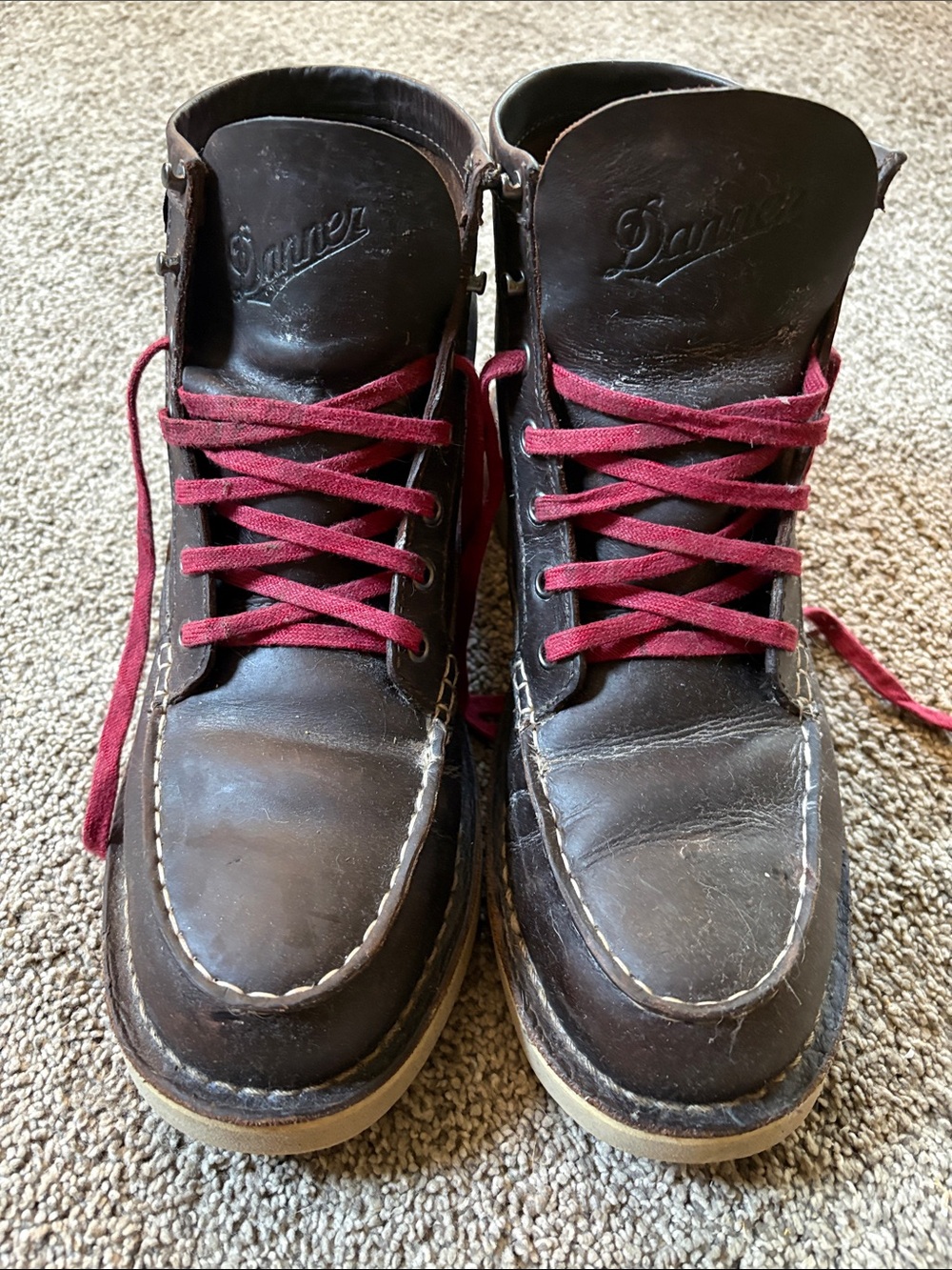 Danner Dark Brown Leather Moc Composite Toe Boots with Burgundy Laces